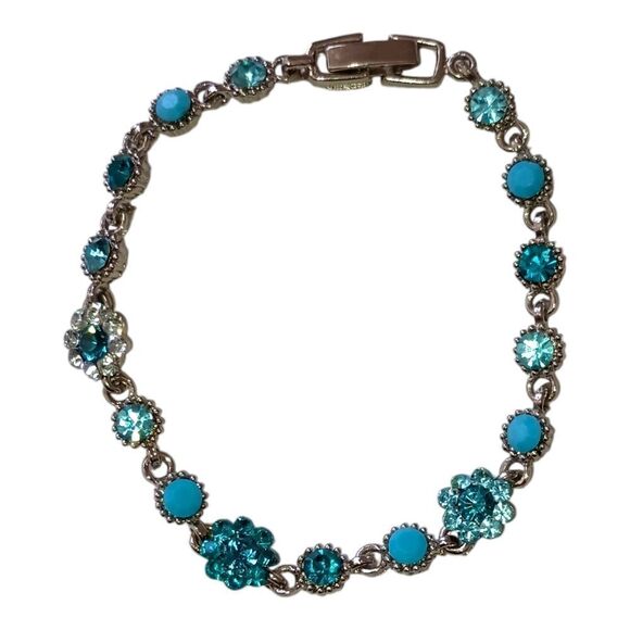 Aqua Blue Rhinestone Link Bracelet Faux Turquoise Silver Tone Coastal Beachy - Picture 16 of 16